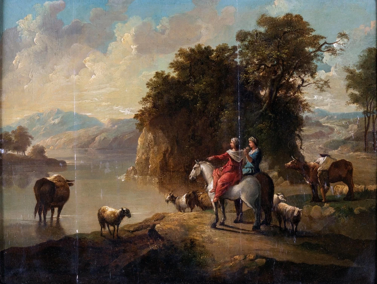 Paesaggio fluviale con cavalieri e mandrie
